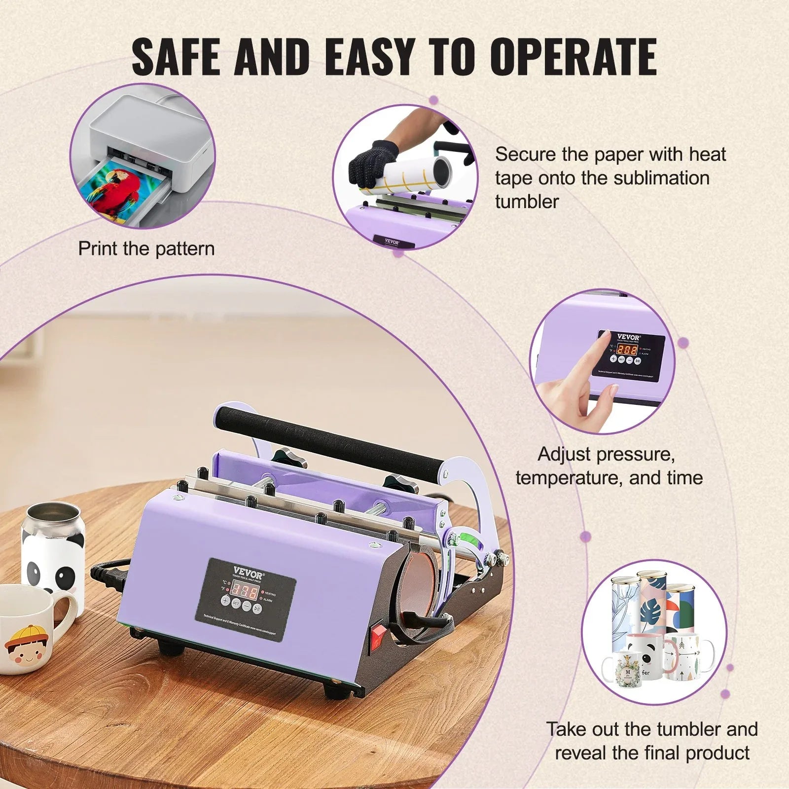 VEVOR Tumbler Heat Press Machine 11-30oz Mug Press Sublimation Tumblers Purple - Mekamart Australia