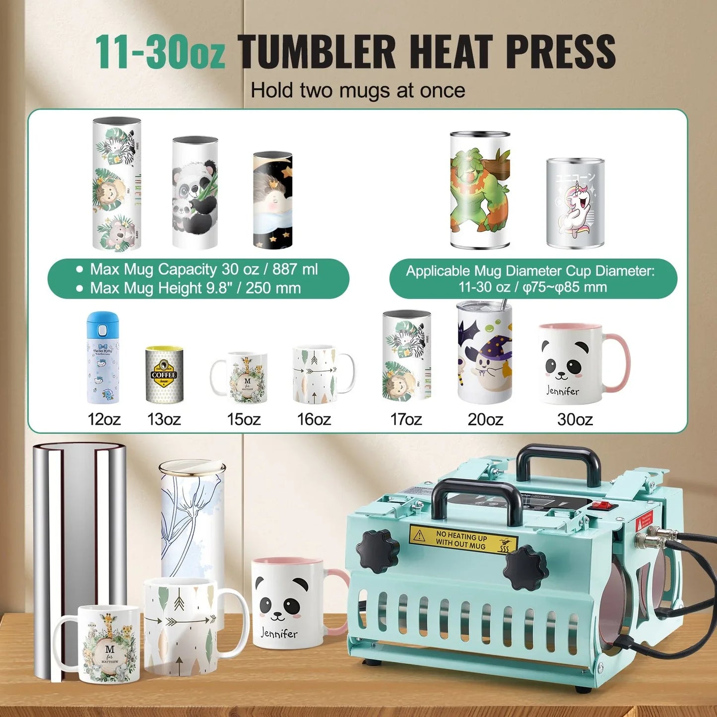 VEVOR Tumbler Heat Press Machine 2 Station Heaters 11-30oz Mug Press Sublimation - Mekamart Australia