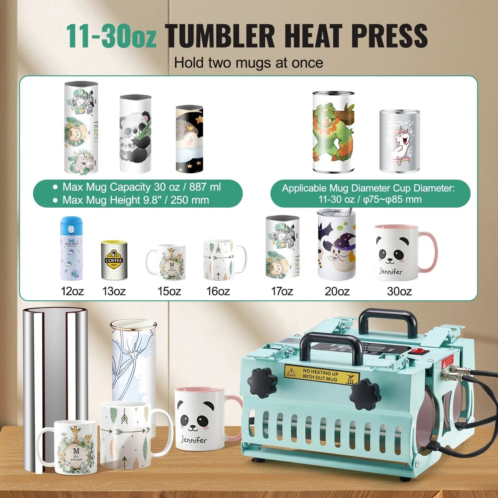 VEVOR Tumbler Heat Press Machine 2 Station Heaters 11-30oz Mug Press Sublimation - Mekamart Australia