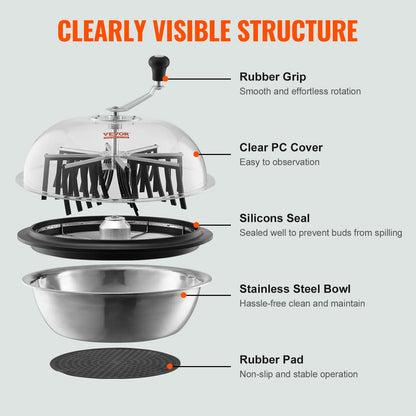 VEVOR Leaf Bowl Trimmer, 24'' Trimmer Bowl, Manual Bud Trimmer with Stainless-Steel Blades for Twisted Spin Cut, Clear Visibility Dome and Hand Pruner Included, for Cutting Leaves, Buds, Flowers - Mekamart Australia