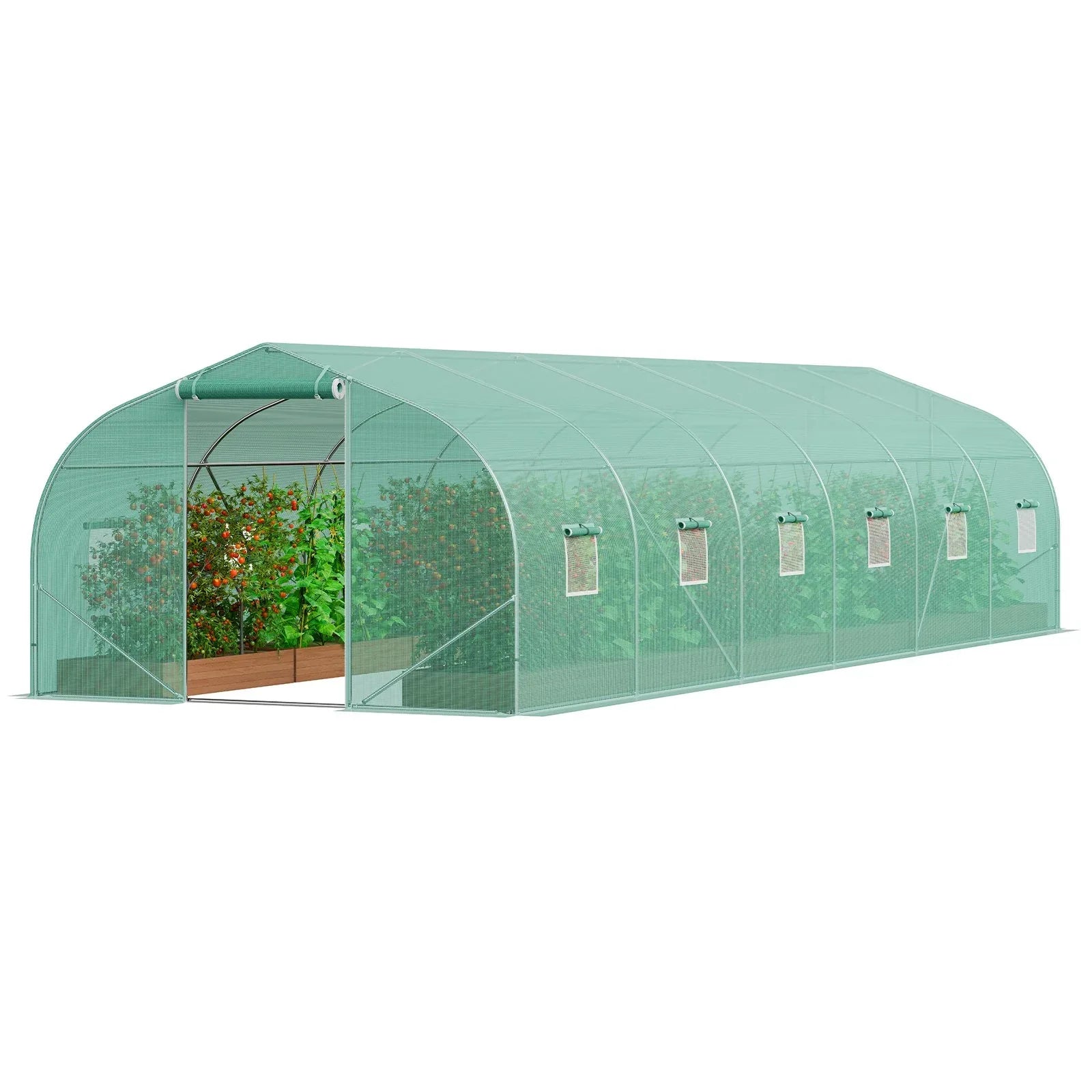 VEVOR Walk-in Tunnel Greenhouse, 29.5x9.8x6.6 ft Hoop House Greenhouse Tunnel, Peaked Roof Plant Hot House with Galvanized Steel Frame, Green PE Cover, Roll-up Zipper Door and 12 Windows for Outdoor - Mekamart Australia