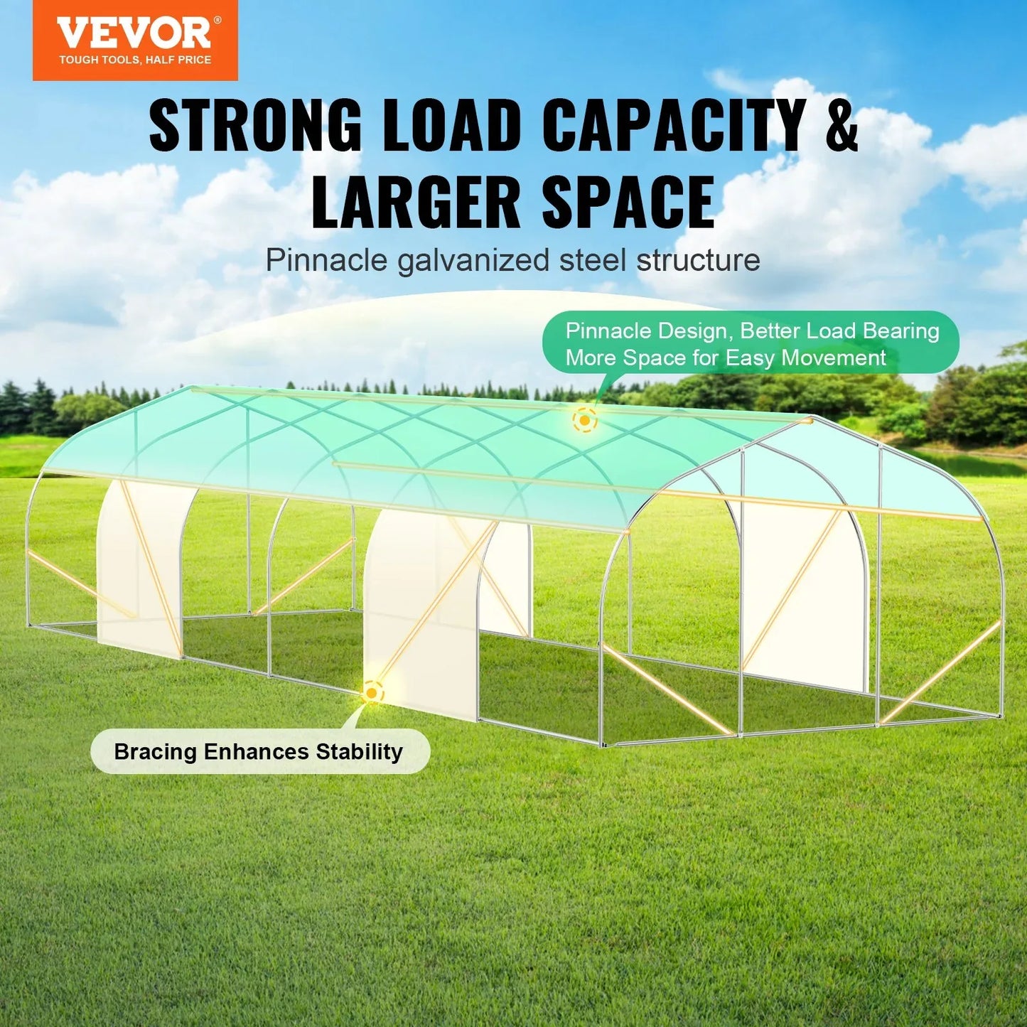VEVOR Walk-in Tunnel Greenhouse, 29.5x9.8x6.6 ft Hoop House Greenhouse Tunnel, Peaked Roof Plant Hot House with Galvanized Steel Frame, Green PE Cover, Roll-up Zipper Door and 12 Windows for Outdoor - Mekamart Australia