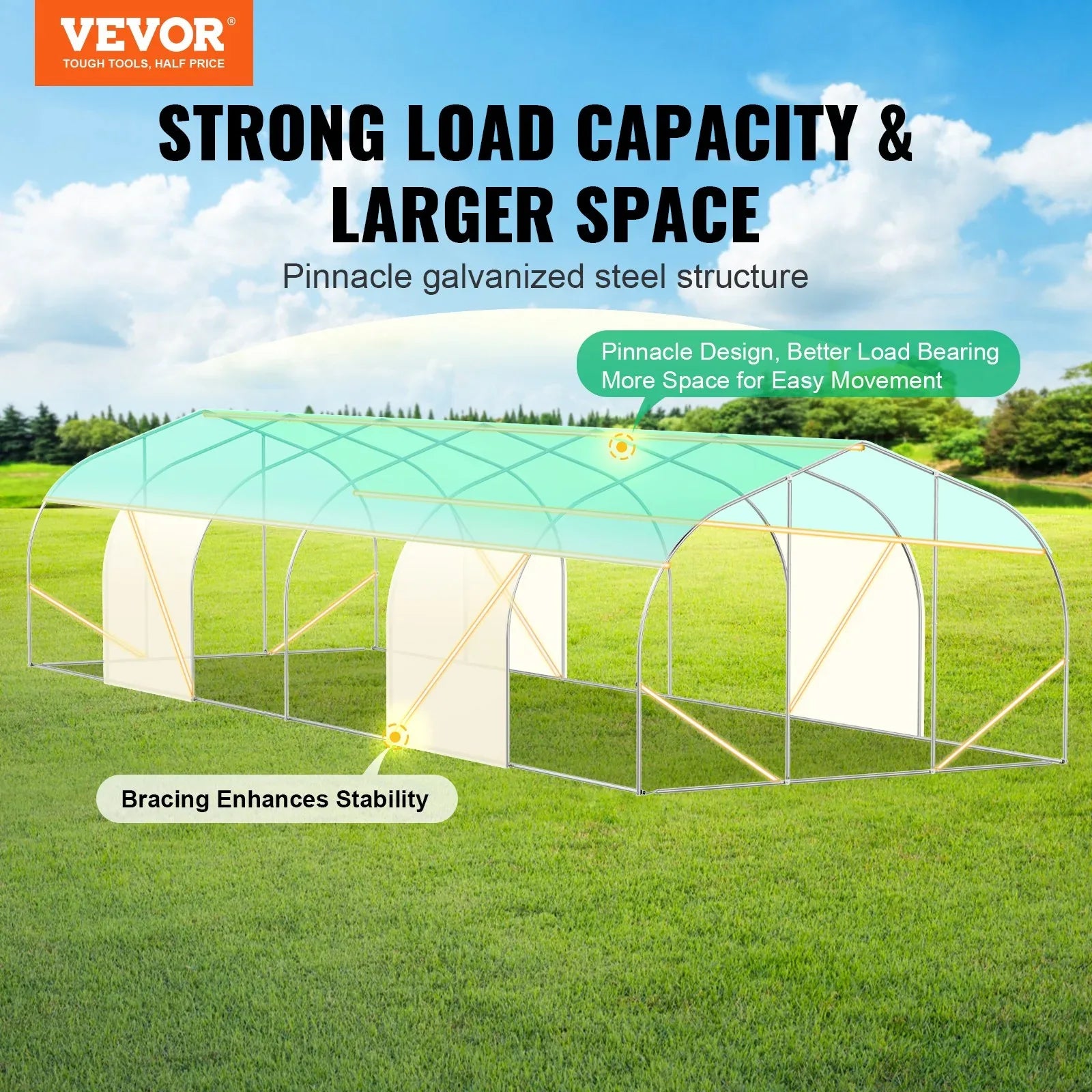 VEVOR Walk-in Tunnel Greenhouse, 29.5x9.8x6.6 ft Hoop House Greenhouse Tunnel, Peaked Roof Plant Hot House with Galvanized Steel Frame, Green PE Cover, Roll-up Zipper Door and 12 Windows for Outdoor - Mekamart Australia