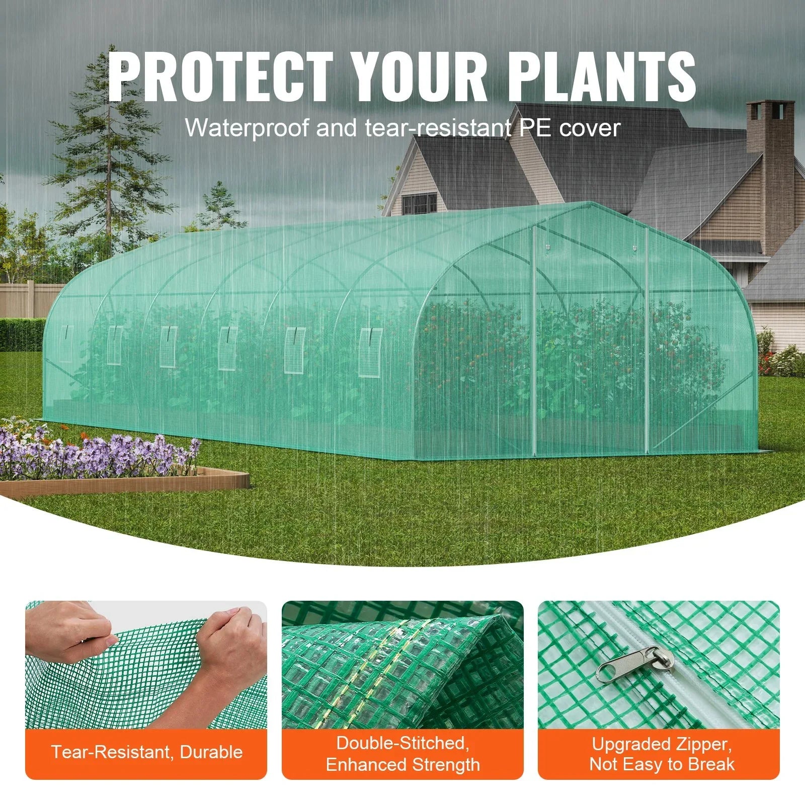 VEVOR Walk-in Tunnel Greenhouse, 29.5x9.8x6.6 ft Hoop House Greenhouse Tunnel, Peaked Roof Plant Hot House with Galvanized Steel Frame, Green PE Cover, Roll-up Zipper Door and 12 Windows for Outdoor - Mekamart Australia