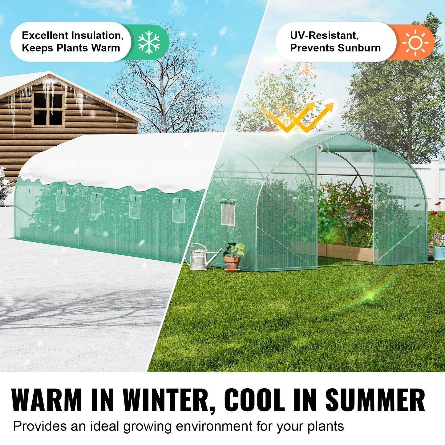 VEVOR Walk-in Tunnel Greenhouse, 29.5x9.8x6.6 ft Hoop House Greenhouse Tunnel, Peaked Roof Plant Hot House with Galvanized Steel Frame, Green PE Cover, Roll-up Zipper Door and 12 Windows for Outdoor - Mekamart Australia
