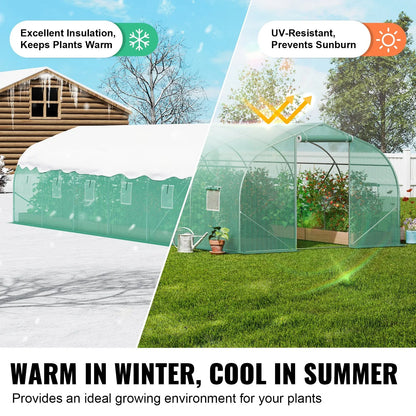 VEVOR Walk-in Tunnel Greenhouse, 29.5x9.8x6.6 ft Hoop House Greenhouse Tunnel, Peaked Roof Plant Hot House with Galvanized Steel Frame, Green PE Cover, Roll-up Zipper Door and 12 Windows for Outdoor - Mekamart Australia