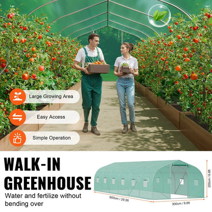 VEVOR Walk-in Tunnel Greenhouse, 29.5x9.8x6.6 ft Hoop House Greenhouse Tunnel, Peaked Roof Plant Hot House with Galvanized Steel Frame, Green PE Cover, Roll-up Zipper Door and 12 Windows for Outdoor - Mekamart Australia