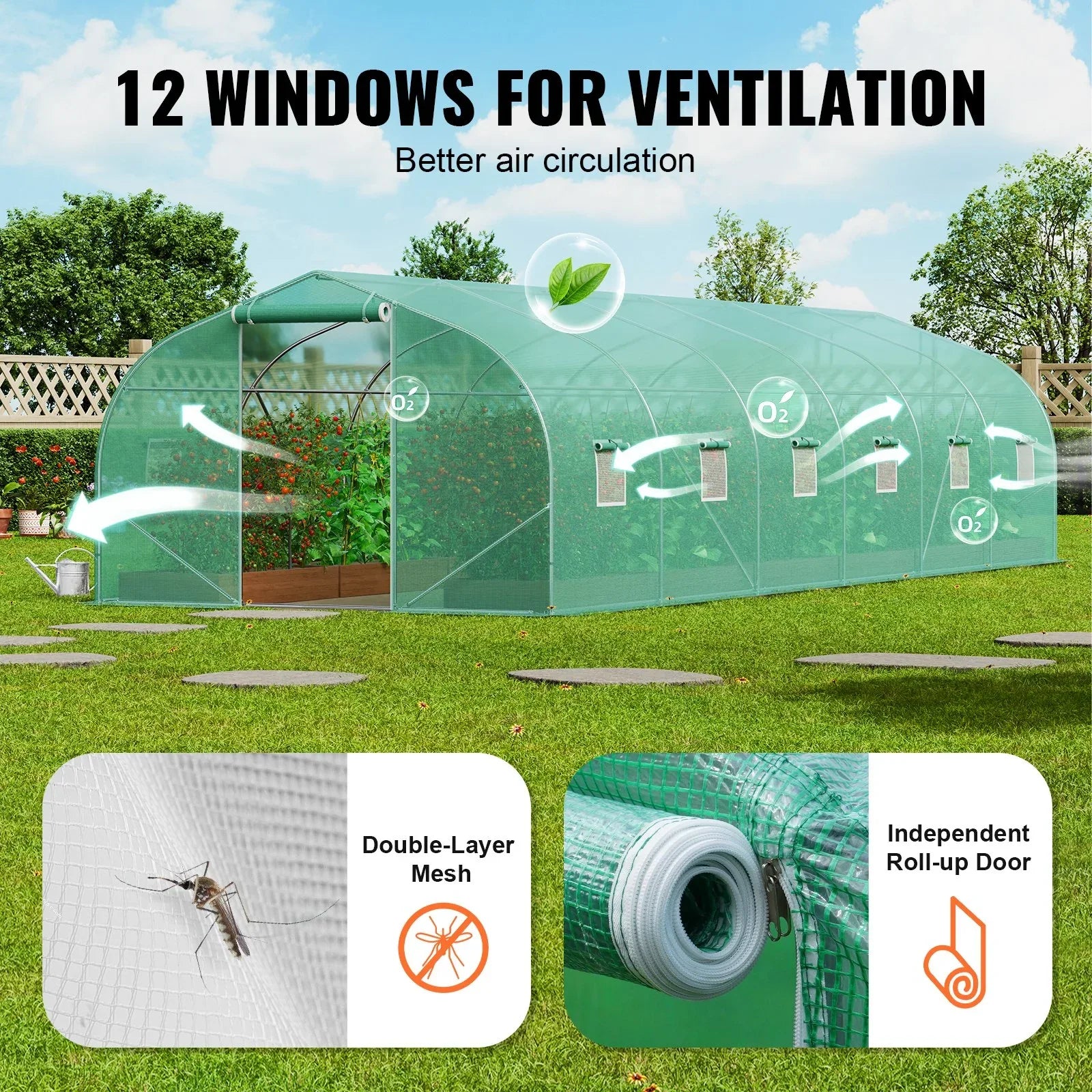 VEVOR Walk-in Tunnel Greenhouse, 29.5x9.8x6.6 ft Hoop House Greenhouse Tunnel, Peaked Roof Plant Hot House with Galvanized Steel Frame, Green PE Cover, Roll-up Zipper Door and 12 Windows for Outdoor - Mekamart Australia