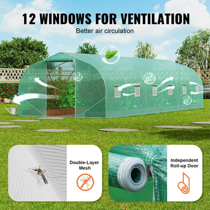 VEVOR Walk-in Tunnel Greenhouse, 29.5x9.8x6.6 ft Hoop House Greenhouse Tunnel, Peaked Roof Plant Hot House with Galvanized Steel Frame, Green PE Cover, Roll-up Zipper Door and 12 Windows for Outdoor - Mekamart Australia
