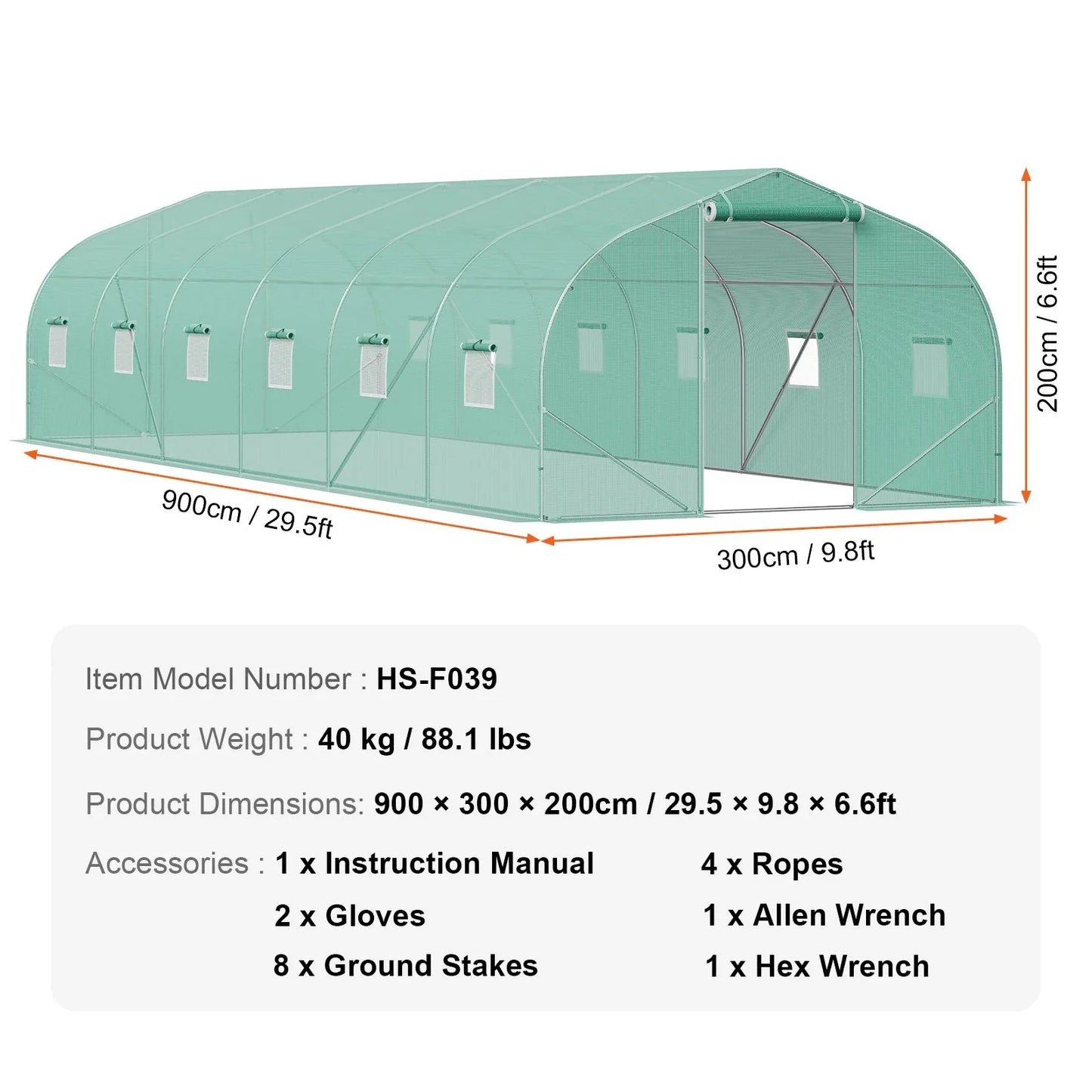 VEVOR Walk-in Tunnel Greenhouse, 29.5x9.8x6.6 ft Hoop House Greenhouse Tunnel, Peaked Roof Plant Hot House with Galvanized Steel Frame, Green PE Cover, Roll-up Zipper Door and 12 Windows for Outdoor - Mekamart Australia