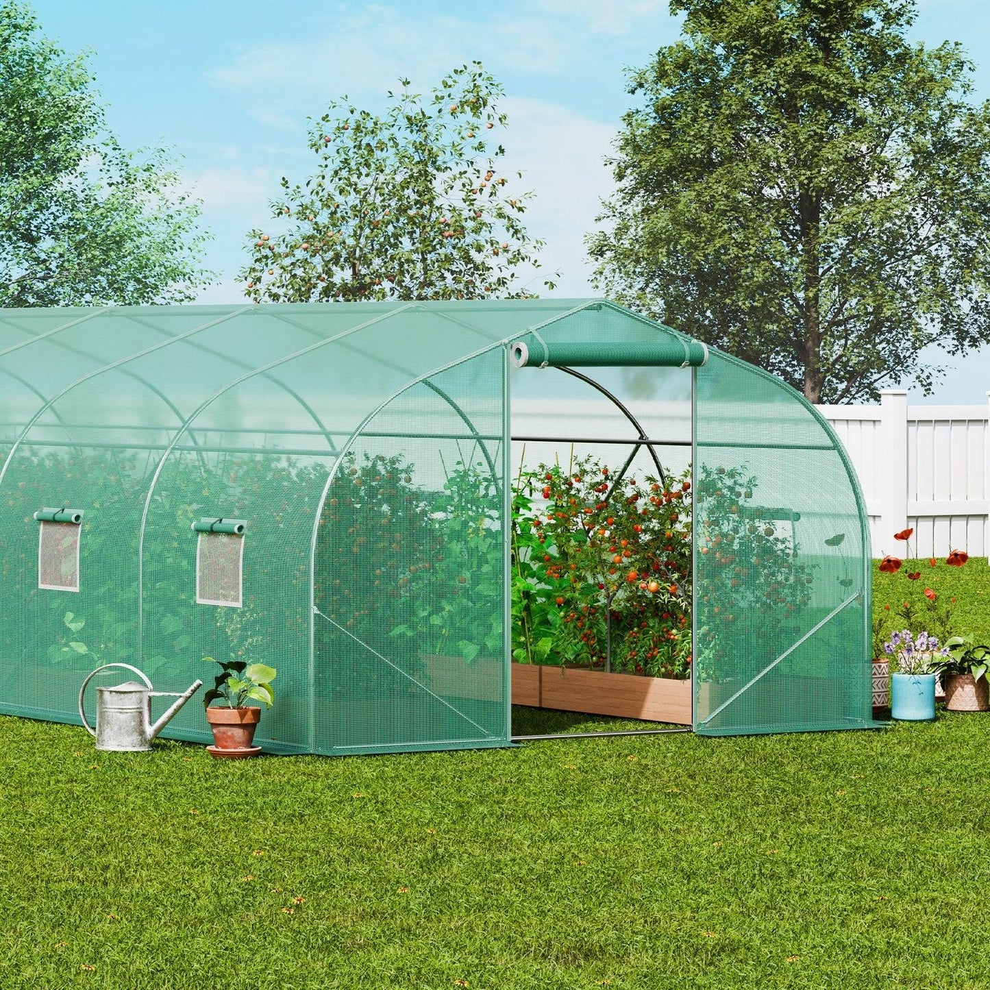 VEVOR Walk-in Tunnel Greenhouse, 29.5x9.8x6.6 ft Hoop House Greenhouse Tunnel, Peaked Roof Plant Hot House with Galvanized Steel Frame, Green PE Cover, Roll-up Zipper Door and 12 Windows for Outdoor - Mekamart Australia