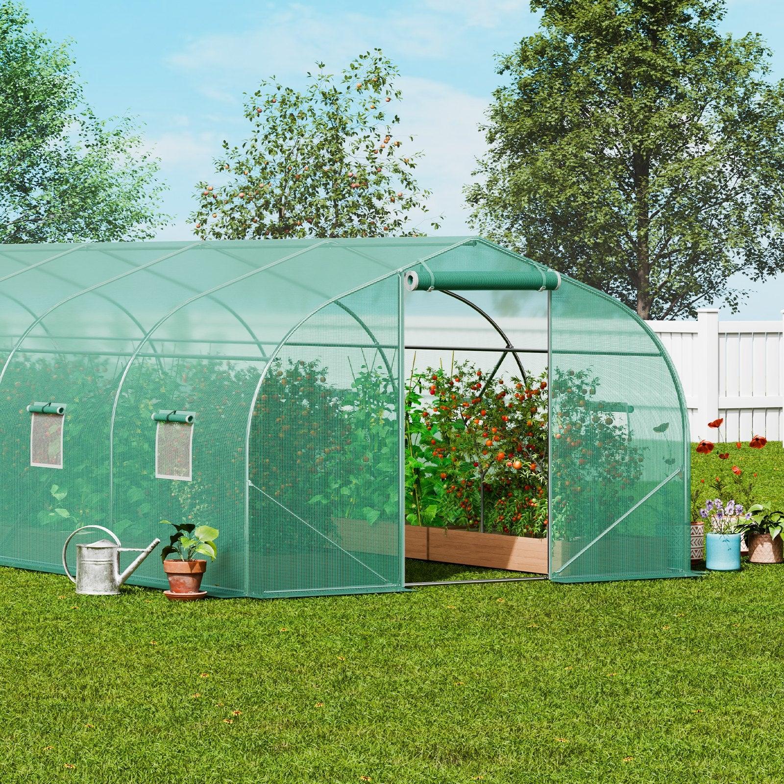 VEVOR Walk-in Tunnel Greenhouse, 29.5x9.8x6.6 ft Hoop House Greenhouse Tunnel, Peaked Roof Plant Hot House with Galvanized Steel Frame, Green PE Cover, Roll-up Zipper Door and 12 Windows for Outdoor - Mekamart Australia