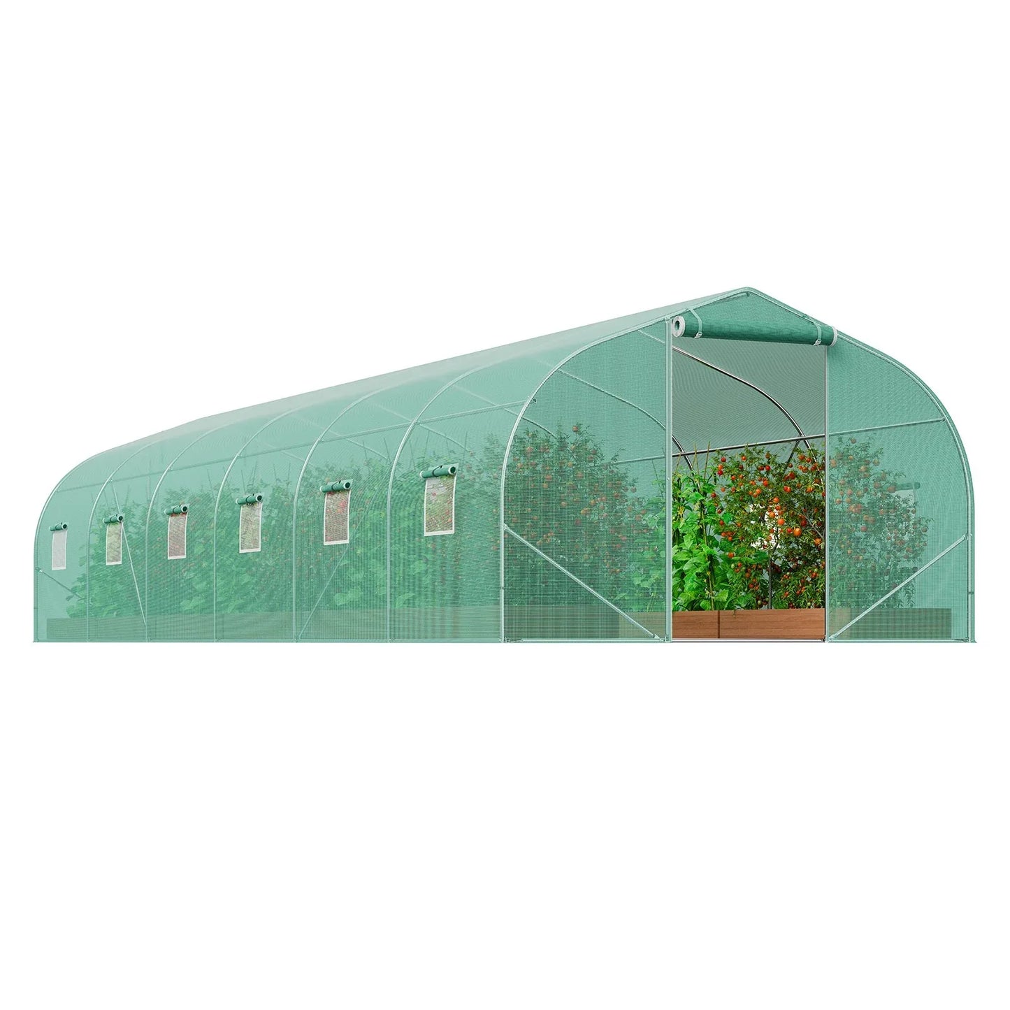 VEVOR Walk-in Tunnel Greenhouse, 29.5x9.8x6.6 ft Hoop House Greenhouse Tunnel, Peaked Roof Plant Hot House with Galvanized Steel Frame, Green PE Cover, Roll-up Zipper Door and 12 Windows for Outdoor - Mekamart Australia