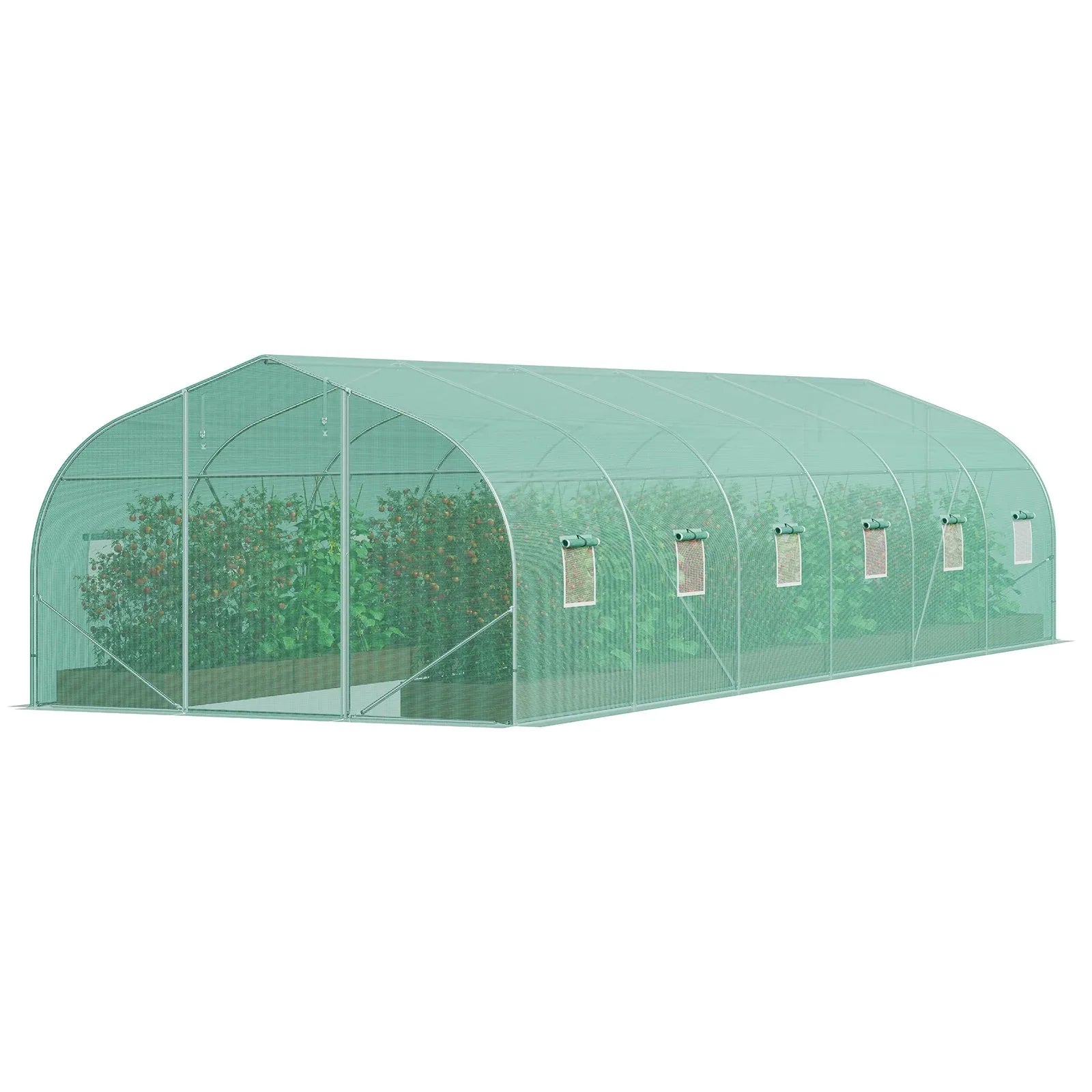 VEVOR Walk-in Tunnel Greenhouse, 29.5x9.8x6.6 ft Hoop House Greenhouse Tunnel, Peaked Roof Plant Hot House with Galvanized Steel Frame, Green PE Cover, Roll-up Zipper Door and 12 Windows for Outdoor - Mekamart Australia