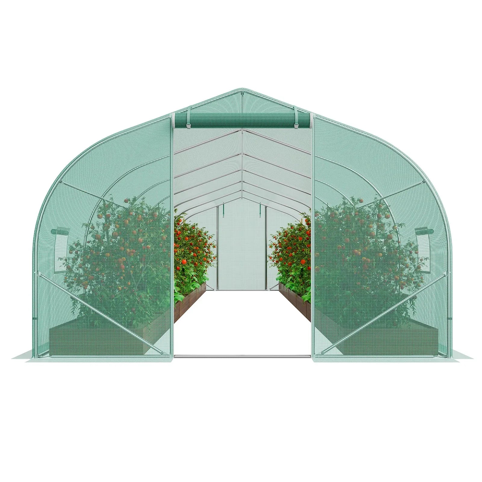 VEVOR Walk-in Tunnel Greenhouse, 29.5x9.8x6.6 ft Hoop House Greenhouse Tunnel, Peaked Roof Plant Hot House with Galvanized Steel Frame, Green PE Cover, Roll-up Zipper Door and 12 Windows for Outdoor - Mekamart Australia