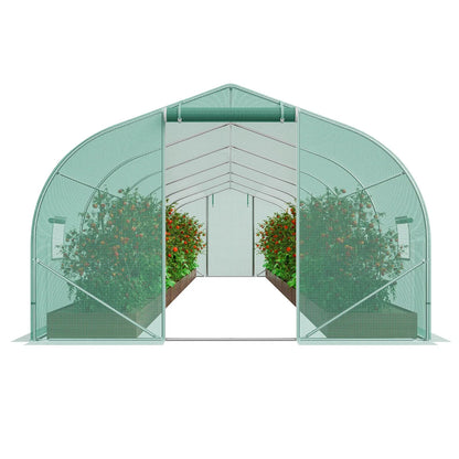 VEVOR Walk-in Tunnel Greenhouse, 29.5x9.8x6.6 ft Hoop House Greenhouse Tunnel, Peaked Roof Plant Hot House with Galvanized Steel Frame, Green PE Cover, Roll-up Zipper Door and 12 Windows for Outdoor - Mekamart Australia