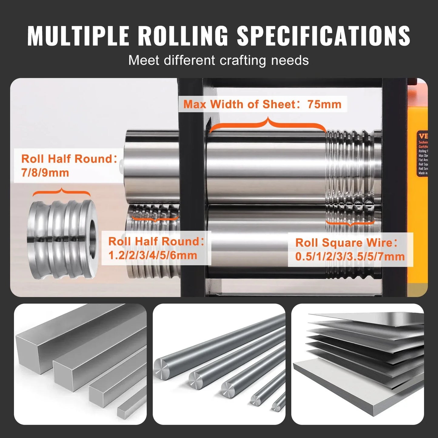 VEVOR Rolling Mill, 2.95"/75 mm Jewelry Rolling Mill Machine, 1: 2 Gear Ratio, 3-in-1 Multi-function Rolling Mill, 0.03-6.5mm Press Thickness for Metal Jewelry Making Sheet Square Wire Semicircle - Mekamart Australia