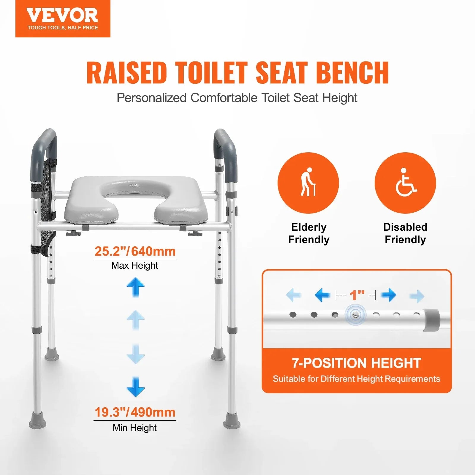 VEVOR Raised Toilet Seat, 7-Position Height Adjustment 655-805 Mm, 158.7 kg Weight Capacity, with Comfort Padded Aluminum Frame, Universal Toilet Seat Riser, for Elderly, Handicap, Pregnant, Medical - Mekamart Australia