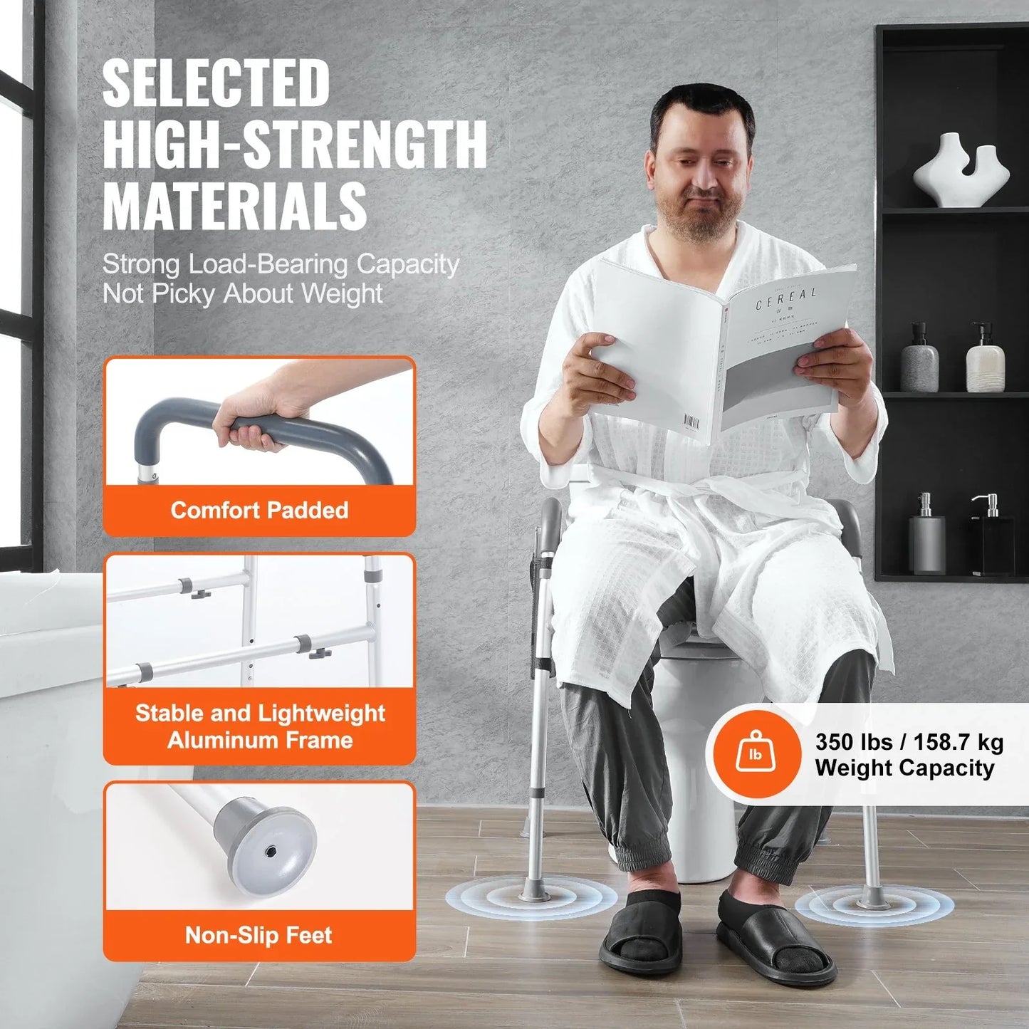 VEVOR Raised Toilet Seat, 7-Position Height Adjustment 655-805 Mm, 158.7 kg Weight Capacity, with Comfort Padded Aluminum Frame, Universal Toilet Seat Riser, for Elderly, Handicap, Pregnant, Medical - Mekamart Australia