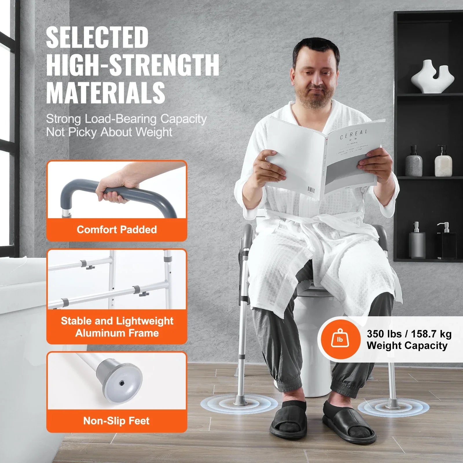 VEVOR Raised Toilet Seat, 7-Position Height Adjustment 655-805 Mm, 158.7 kg Weight Capacity, with Comfort Padded Aluminum Frame, Universal Toilet Seat Riser, for Elderly, Handicap, Pregnant, Medical - Mekamart Australia