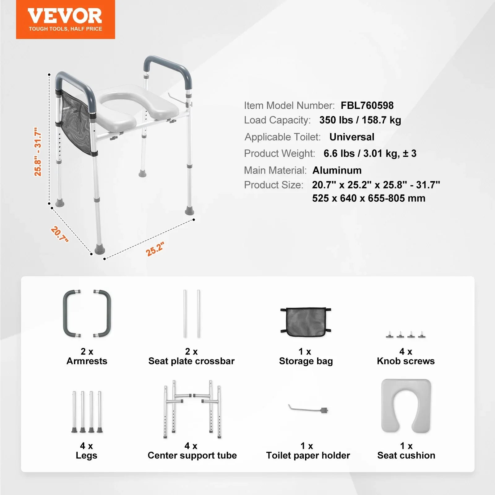 VEVOR Raised Toilet Seat, 7-Position Height Adjustment 655-805 Mm, 158.7 kg Weight Capacity, with Comfort Padded Aluminum Frame, Universal Toilet Seat Riser, for Elderly, Handicap, Pregnant, Medical - Mekamart Australia