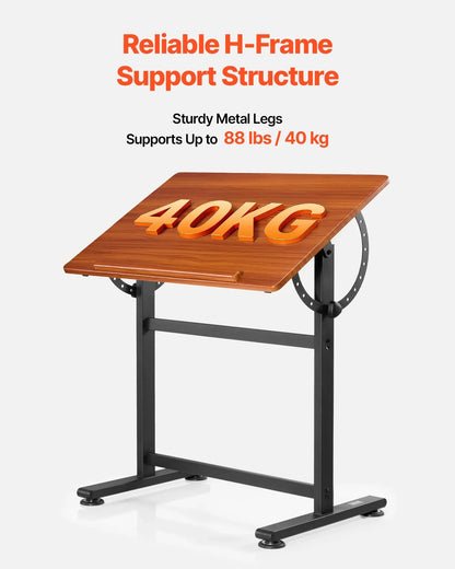VEVOR Drafting Table Adjustable 0°–90° Tilt Wooden Drawing Desk with H-Frame - Mekamart Australia