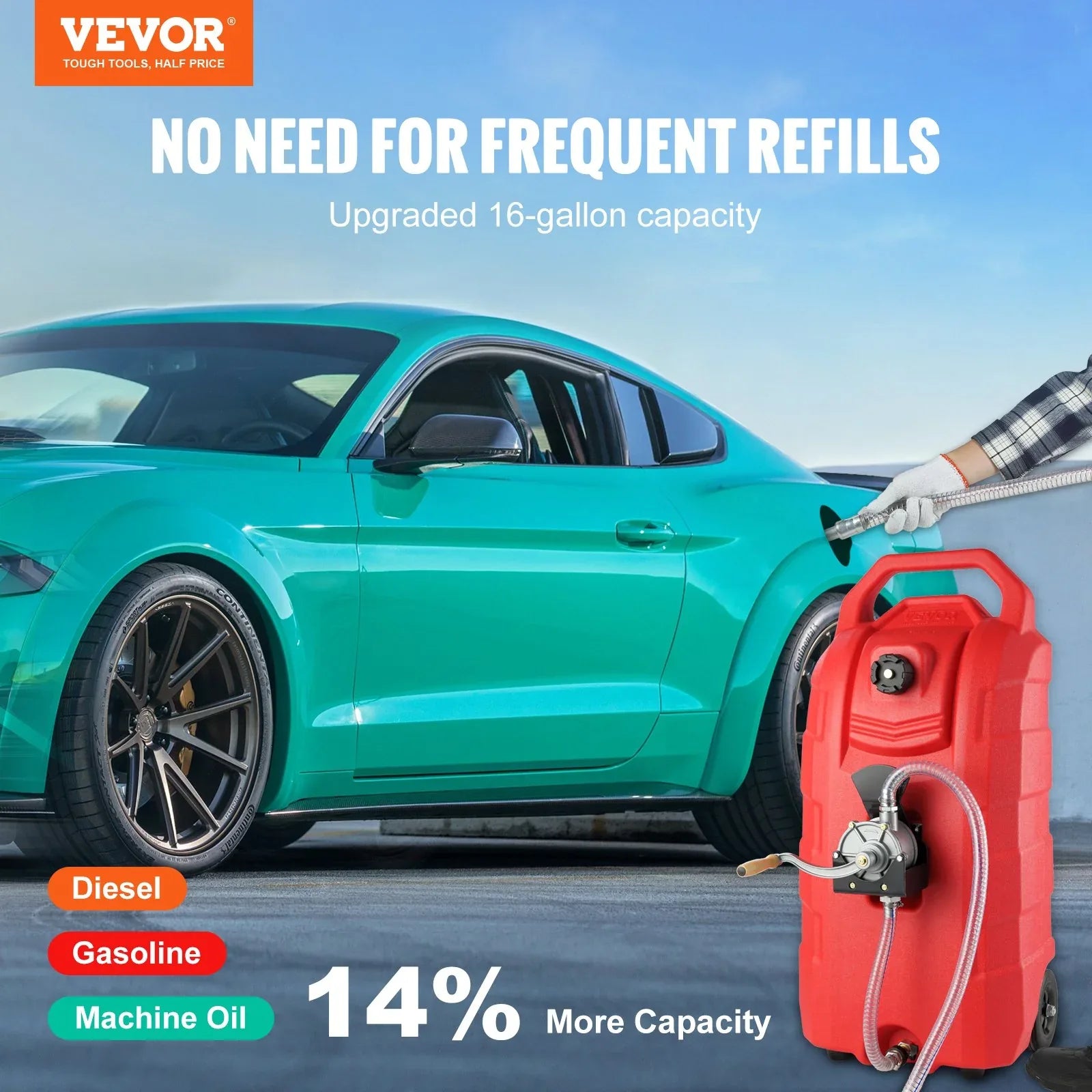 VEVOR 60.57L Fuel Caddy, 7.8 L/min, Portable Gas Storage Tank Container with Hand Pump Rubber Wheels, Fuel Transfer Storage Tank for Gasoline Diesel Machine Oil Car Mowers Tractor Boat Motorcycle - Mekamart Australia