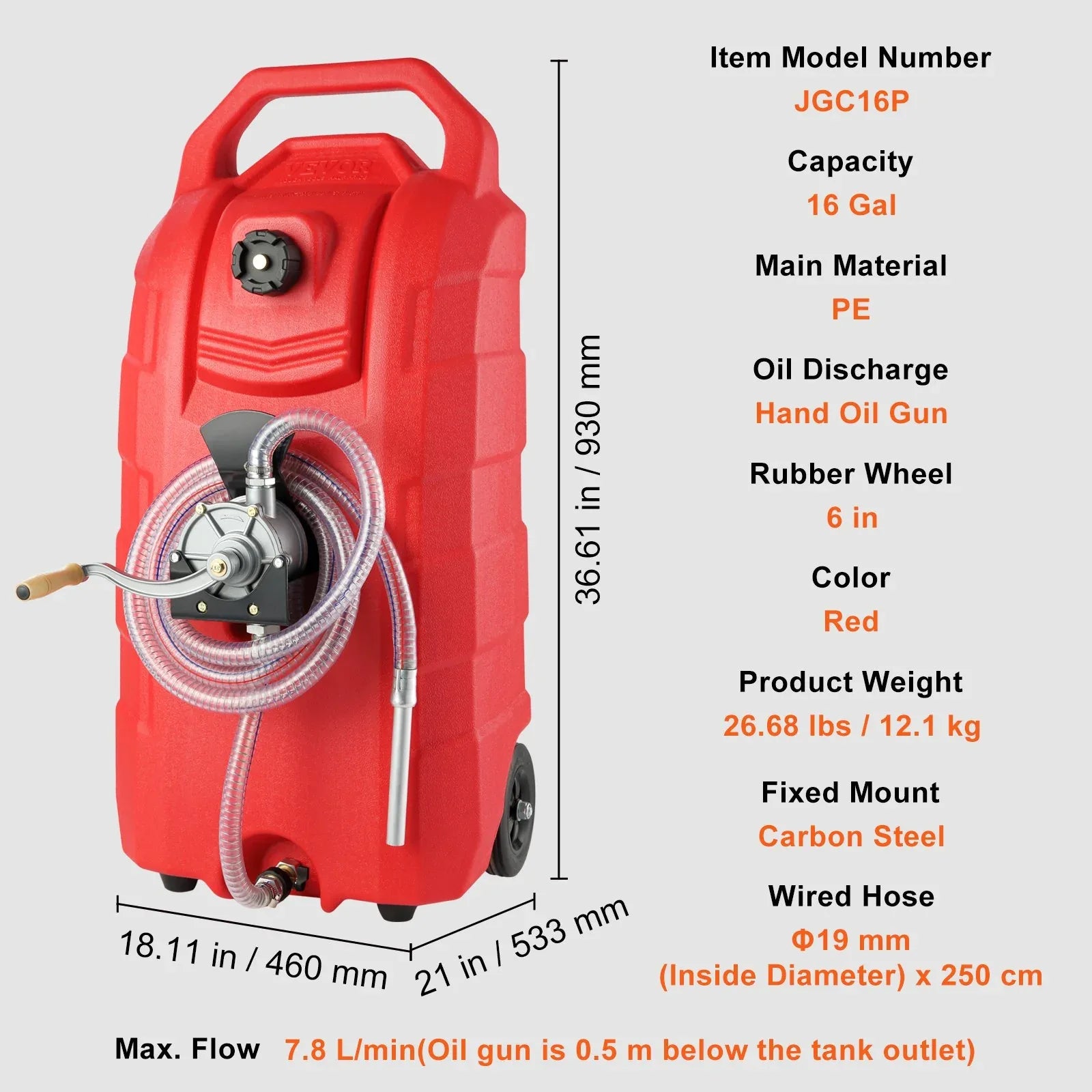 VEVOR 60.57L Fuel Caddy, 7.8 L/min, Portable Gas Storage Tank Container with Hand Pump Rubber Wheels, Fuel Transfer Storage Tank for Gasoline Diesel Machine Oil Car Mowers Tractor Boat Motorcycle - Mekamart Australia