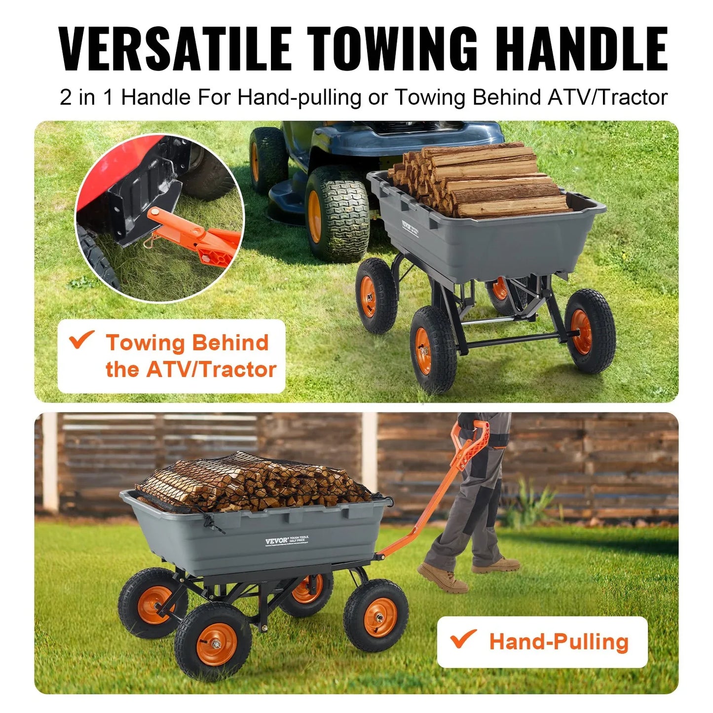 VEVOR Dump Cart, Poly Garden Dump Cart with Easy to Assemble Steel Frame, Dump Wagon with 2-in-1 Convertible Handle, Utility Wheelbarrow 1500 lbs Capacity, 13 inch Tires - Mekamart Australia