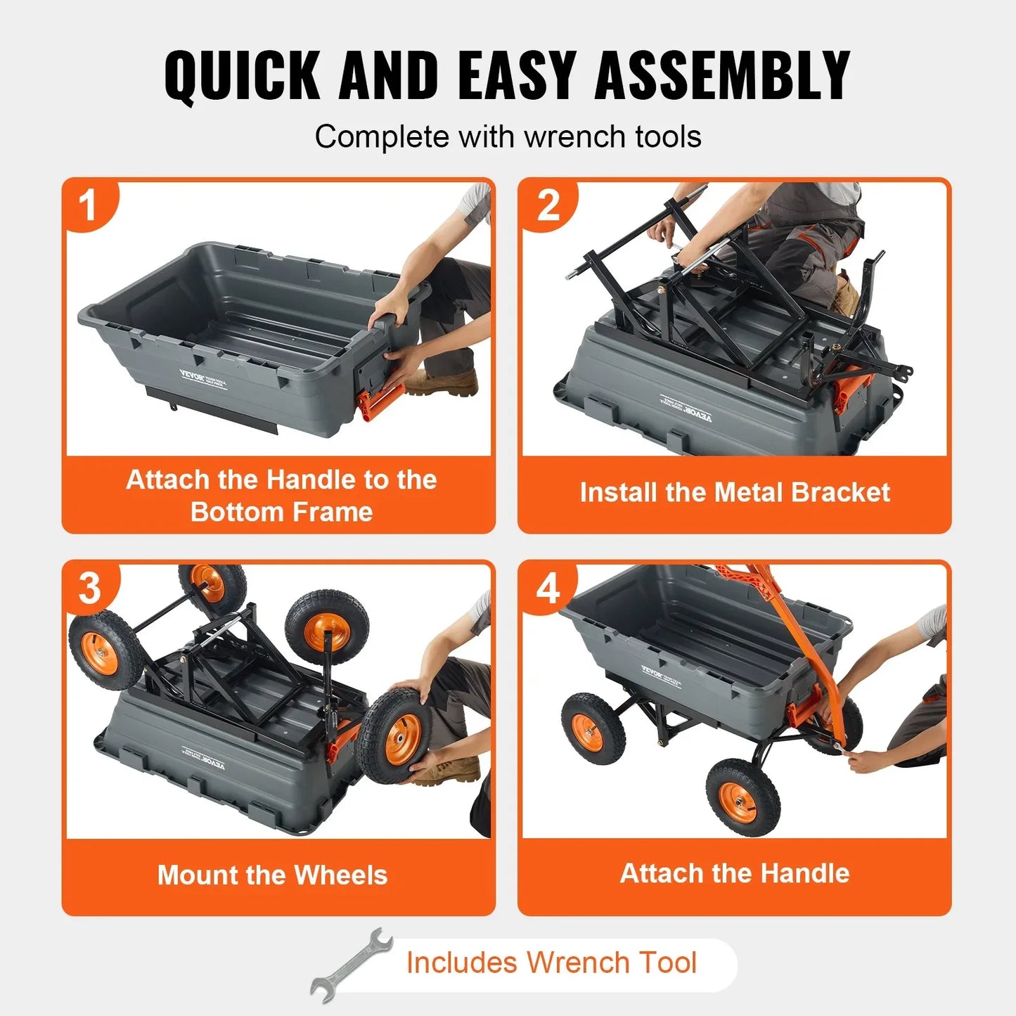 VEVOR Dump Cart, Poly Garden Dump Cart with Easy to Assemble Steel Frame, Dump Wagon with 2-in-1 Convertible Handle, Utility Wheelbarrow 1500 lbs Capacity, 13 inch Tires - Mekamart Australia