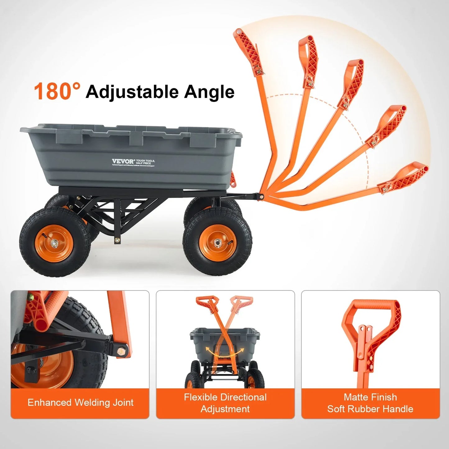 VEVOR Dump Cart, Poly Garden Dump Cart with Easy to Assemble Steel Frame, Dump Wagon with 2-in-1 Convertible Handle, Utility Wheelbarrow 1500 lbs Capacity, 13 inch Tires - Mekamart Australia