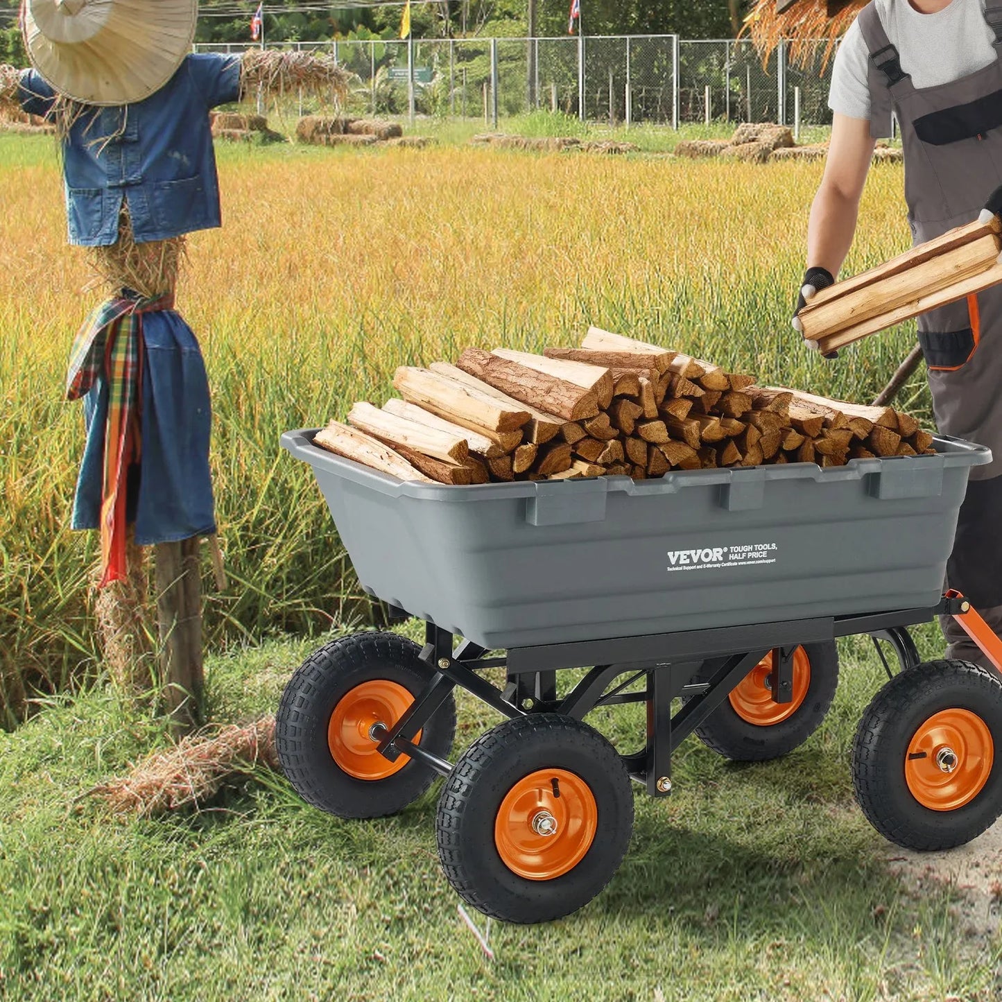 VEVOR Dump Cart, Poly Garden Dump Cart with Easy to Assemble Steel Frame, Dump Wagon with 2-in-1 Convertible Handle, Utility Wheelbarrow 1500 lbs Capacity, 13 inch Tires - Mekamart Australia