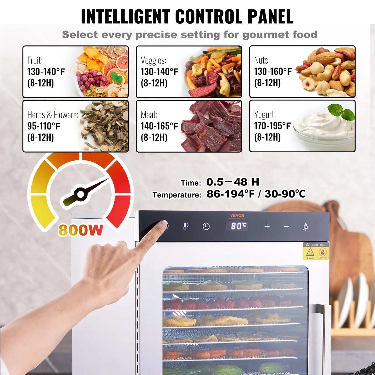 VEVOR 10 Trays Food Dehydrator Machine Stainless Steel 800W Jerky Fruit Drying - Mekamart Australia