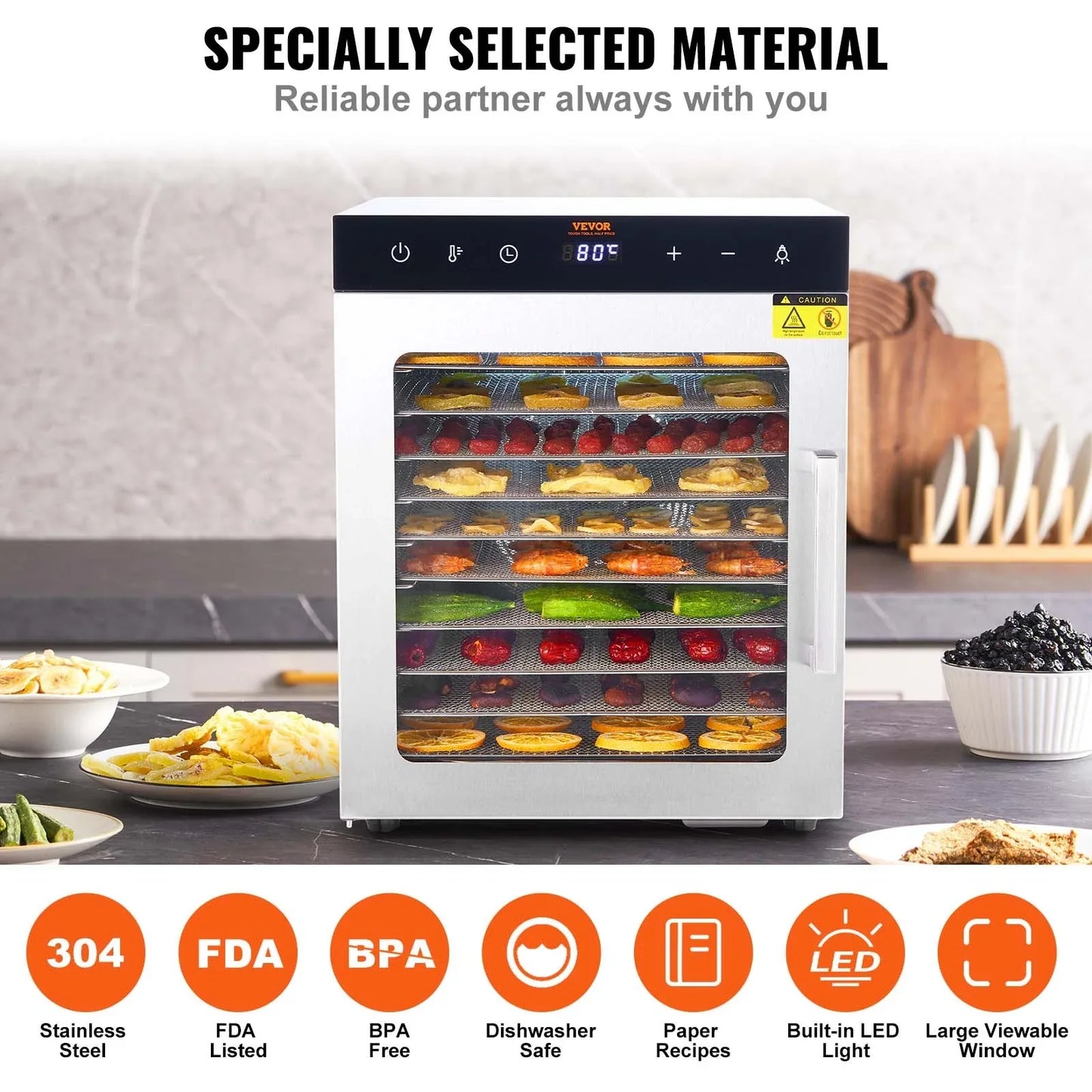 VEVOR 10 Trays Food Dehydrator Machine Stainless Steel 800W Jerky Fruit Drying - Mekamart Australia
