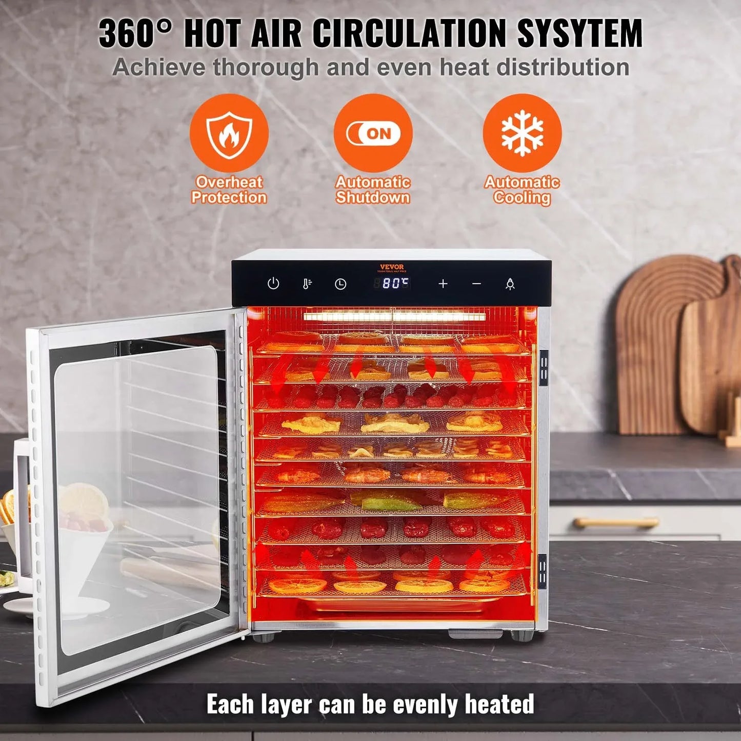 VEVOR 10 Trays Food Dehydrator Machine Stainless Steel 800W Jerky Fruit Drying - Mekamart Australia