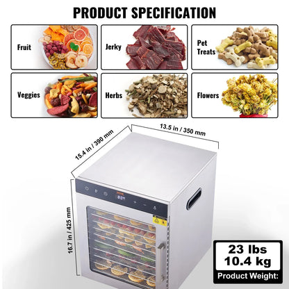 VEVOR 10 Trays Food Dehydrator Machine Stainless Steel 800W Jerky Fruit Drying - Mekamart Australia