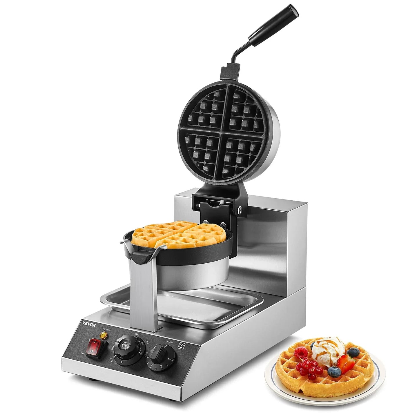 VEVOR Commercial Waffle Maker, 1300W Round Waffle Baker Machine, Non-Stick Stainless Steel Belgian Waffle Iron, Temperature and Time Control, 180° Rotatable, for Restaurant Bakery Snack Bar Family - Mekamart Australia