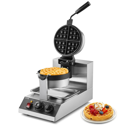 VEVOR Commercial Waffle Maker, 1300W Round Waffle Baker Machine, Non-Stick Stainless Steel Belgian Waffle Iron, Temperature and Time Control, 180° Rotatable, for Restaurant Bakery Snack Bar Family - Mekamart Australia