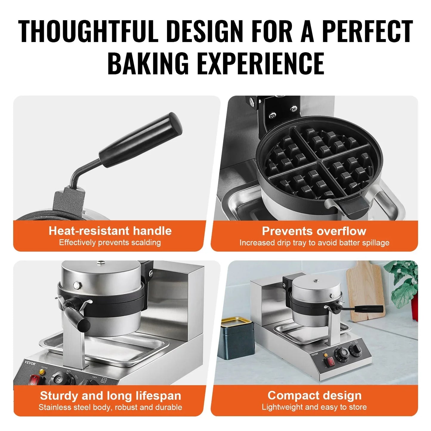 VEVOR Commercial Waffle Maker, 1300W Round Waffle Baker Machine, Non-Stick Stainless Steel Belgian Waffle Iron, Temperature and Time Control, 180° Rotatable, for Restaurant Bakery Snack Bar Family - Mekamart Australia