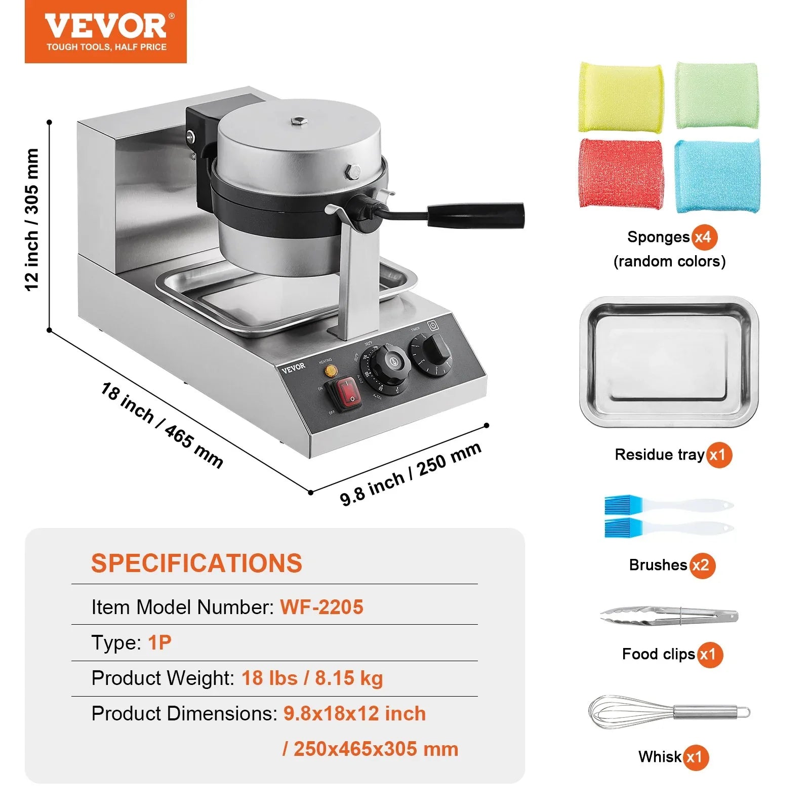 VEVOR Commercial Waffle Maker, 1300W Round Waffle Baker Machine, Non-Stick Stainless Steel Belgian Waffle Iron, Temperature and Time Control, 180° Rotatable, for Restaurant Bakery Snack Bar Family - Mekamart Australia