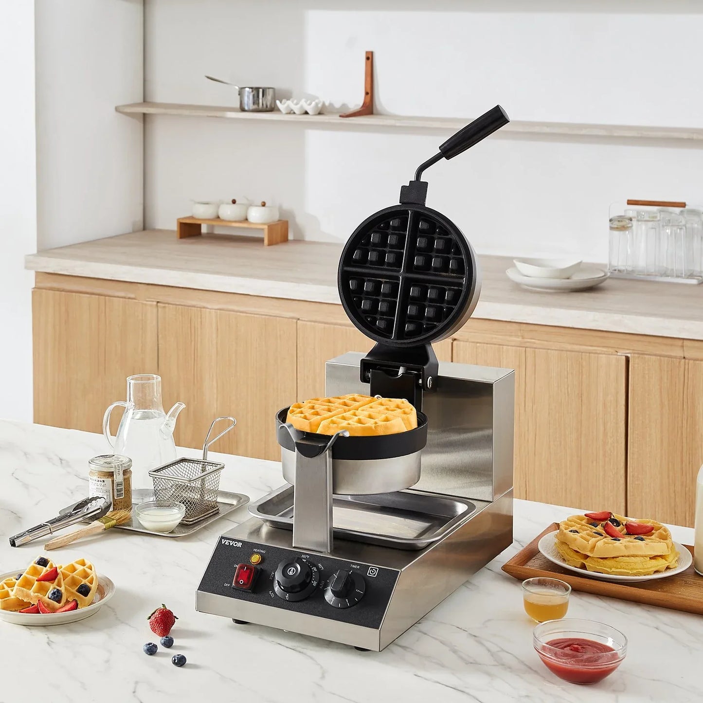 VEVOR Commercial Waffle Maker, 1300W Round Waffle Baker Machine, Non-Stick Stainless Steel Belgian Waffle Iron, Temperature and Time Control, 180° Rotatable, for Restaurant Bakery Snack Bar Family - Mekamart Australia
