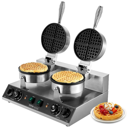 VEVOR Commercial Waffle Maker, Dual-Head Round Waffle Baker Machine, 2460W Non-Stick Stainless Steel Belgian Waffle Iron with Temp and Time Control, Handle, for Restaurant Bakery Snack Bar Family - Mekamart Australia