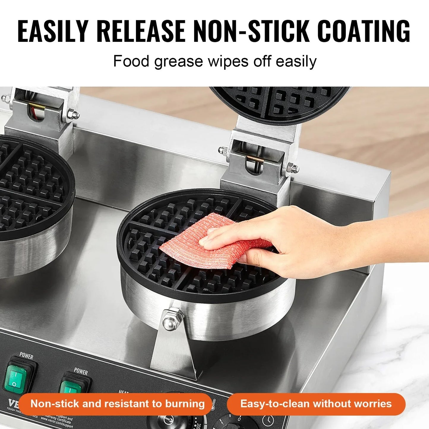 VEVOR Commercial Waffle Maker, Dual-Head Round Waffle Baker Machine, 2460W Non-Stick Stainless Steel Belgian Waffle Iron with Temp and Time Control, Handle, for Restaurant Bakery Snack Bar Family - Mekamart Australia