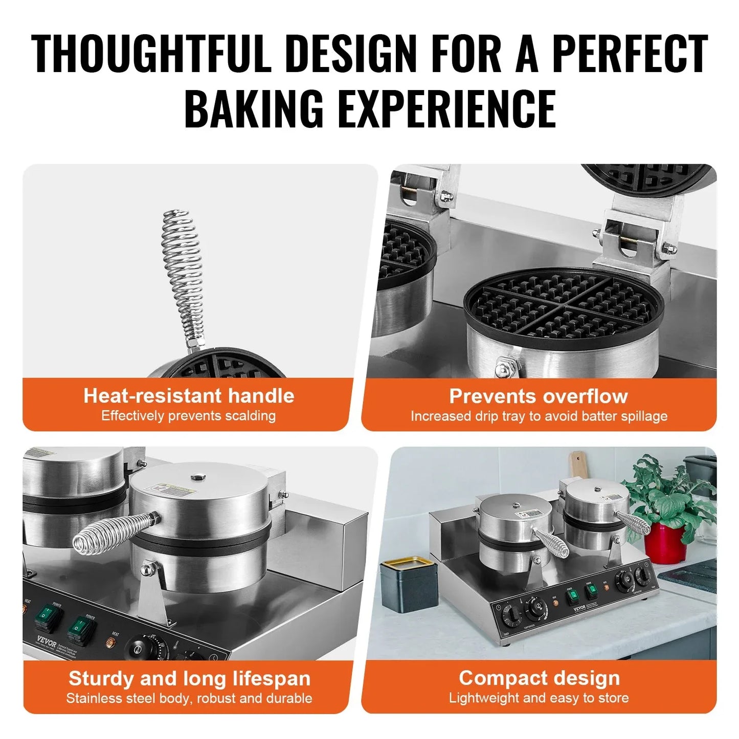VEVOR Commercial Waffle Maker, Dual-Head Round Waffle Baker Machine, 2460W Non-Stick Stainless Steel Belgian Waffle Iron with Temp and Time Control, Handle, for Restaurant Bakery Snack Bar Family - Mekamart Australia