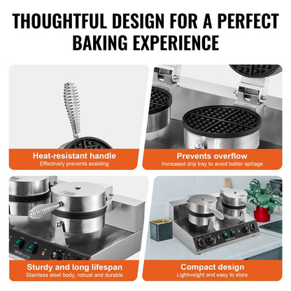 VEVOR Commercial Waffle Maker, Dual-Head Round Waffle Baker Machine, 2460W Non-Stick Stainless Steel Belgian Waffle Iron with Temp and Time Control, Handle, for Restaurant Bakery Snack Bar Family - Mekamart Australia
