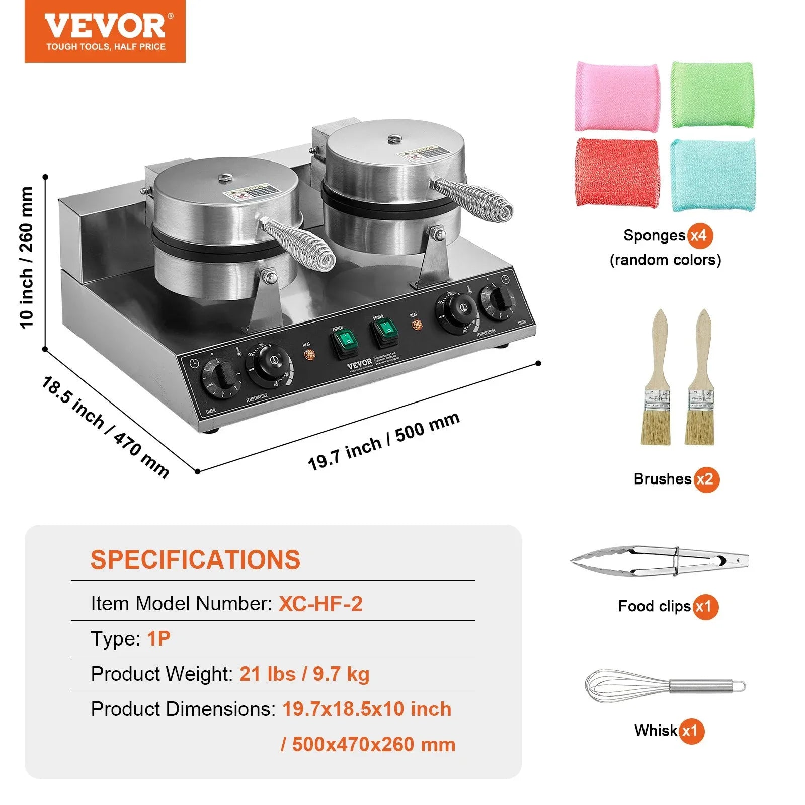 VEVOR Commercial Waffle Maker, Dual-Head Round Waffle Baker Machine, 2460W Non-Stick Stainless Steel Belgian Waffle Iron with Temp and Time Control, Handle, for Restaurant Bakery Snack Bar Family - Mekamart Australia
