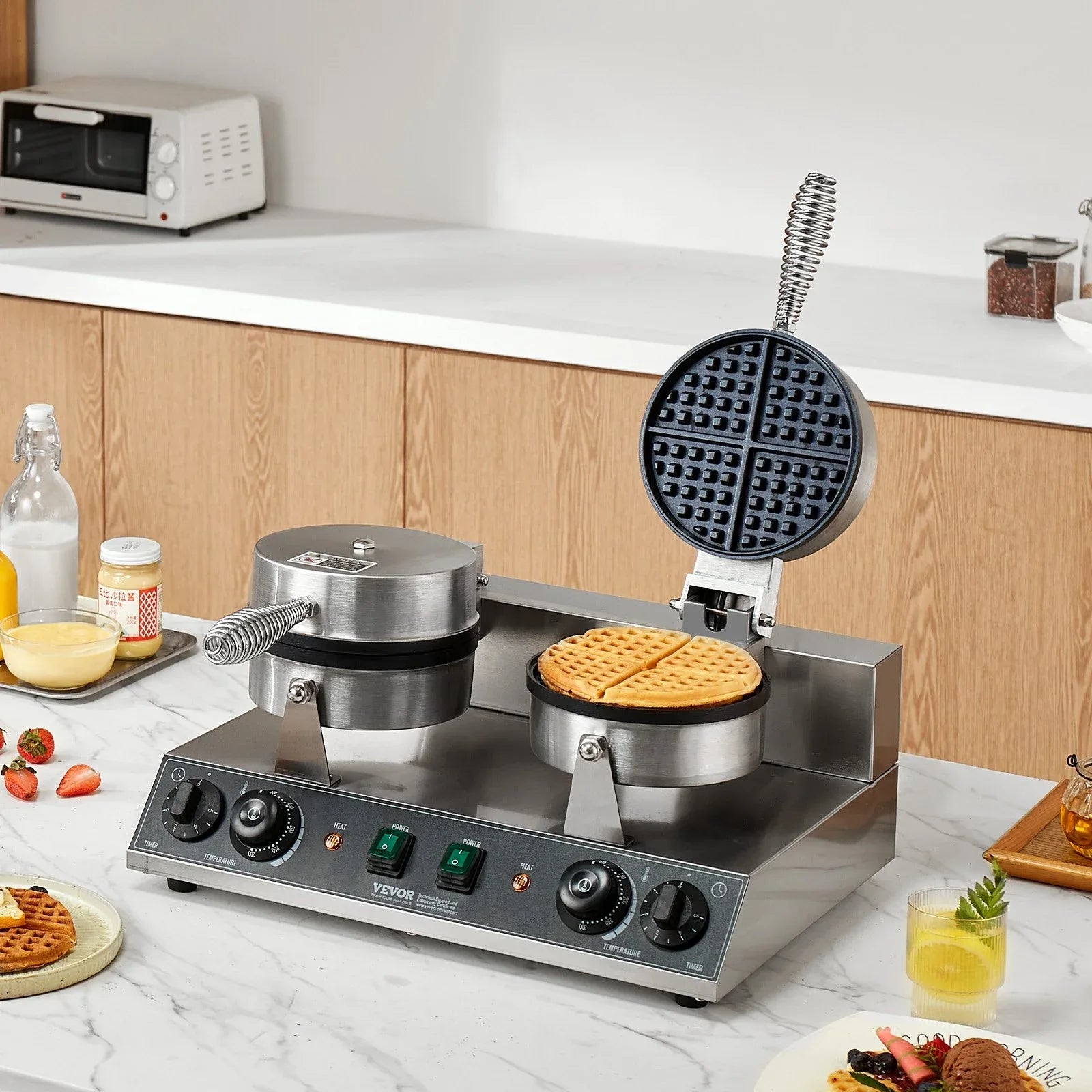VEVOR Commercial Waffle Maker, Dual-Head Round Waffle Baker Machine, 2460W Non-Stick Stainless Steel Belgian Waffle Iron with Temp and Time Control, Handle, for Restaurant Bakery Snack Bar Family - Mekamart Australia