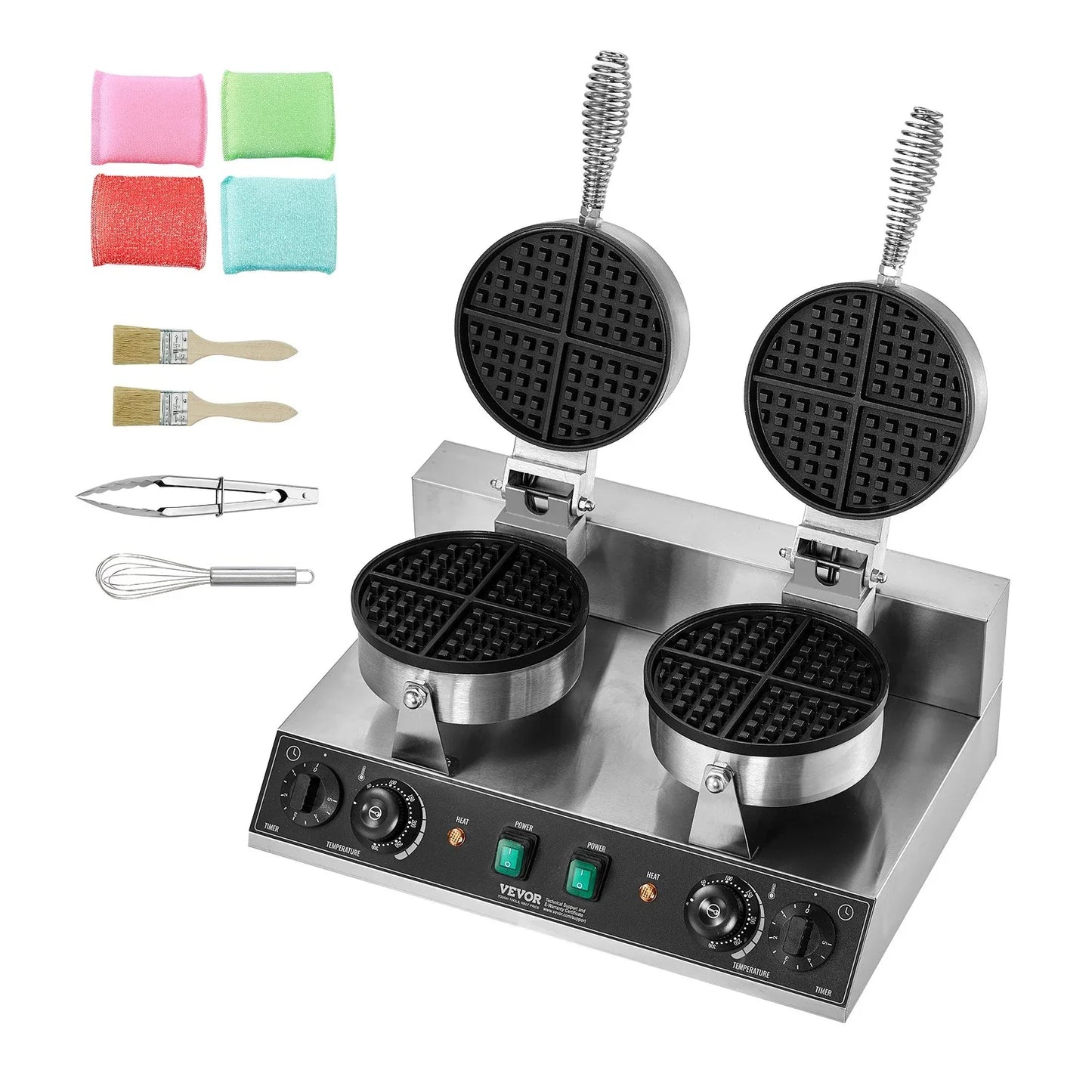 VEVOR Commercial Waffle Maker, Dual-Head Round Waffle Baker Machine, 2460W Non-Stick Stainless Steel Belgian Waffle Iron with Temp and Time Control, Handle, for Restaurant Bakery Snack Bar Family - Mekamart Australia