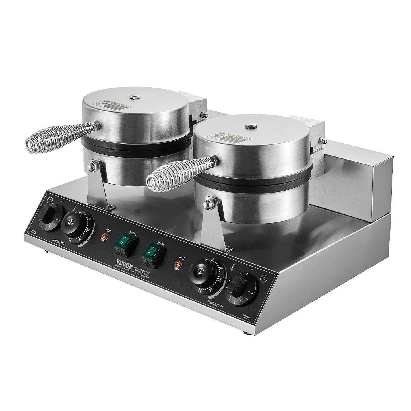 VEVOR Commercial Waffle Maker, Dual-Head Round Waffle Baker Machine, 2460W Non-Stick Stainless Steel Belgian Waffle Iron with Temp and Time Control, Handle, for Restaurant Bakery Snack Bar Family - Mekamart Australia