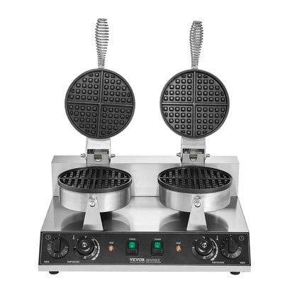 VEVOR Commercial Waffle Maker, Dual-Head Round Waffle Baker Machine, 2460W Non-Stick Stainless Steel Belgian Waffle Iron with Temp and Time Control, Handle, for Restaurant Bakery Snack Bar Family - Mekamart Australia